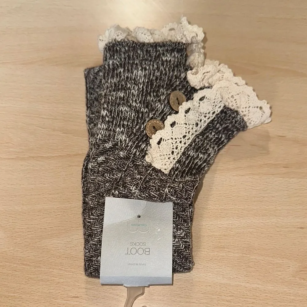 maurices Brown Ivory Crochet Lace Button Trim Cotton Knee High Knit Boot Socks